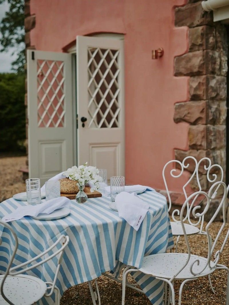  INSPIRATION: INTERIORS: FAIRYTALE ENGLISH COTTAGE, beautiful cottage, cottage, english cottage, england, pink, spaces, highlights, pink exterior, english garden, striped wallpaper, vintage wooden table, dining room, blue accents, guest bedroom, wood