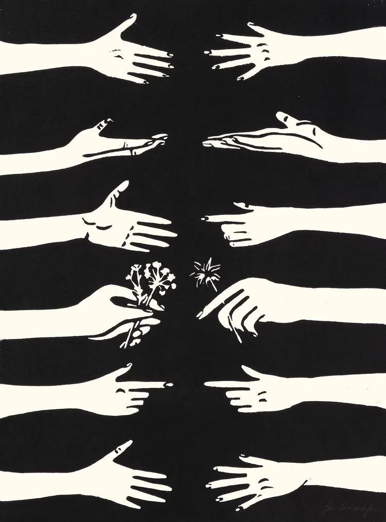  Jennifer Ament, Linocut, hands, figures, gold, black and white, monochrome, nature, animals, mural, print, female artist, art inspiration, inspirational art, creative, creator, creators, art gallery, artist, artwork art work, artistic, art inspirati
