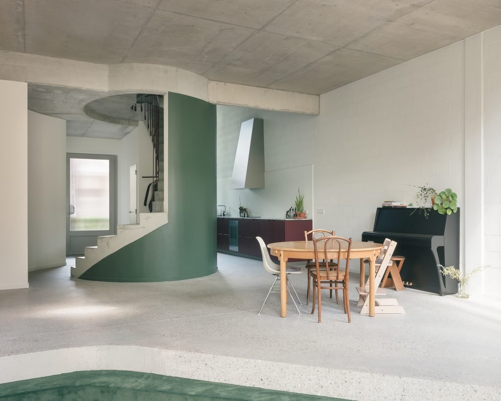  House, Mortsel, Belgium, amazing features,  curve, circle , favourite features, curtains, curved wall, detail, space,  green  carpet, comfy seating, mis-matched seating, dining area, extractor fan, green marble,  kitchen,  oval window, bathroom, sho