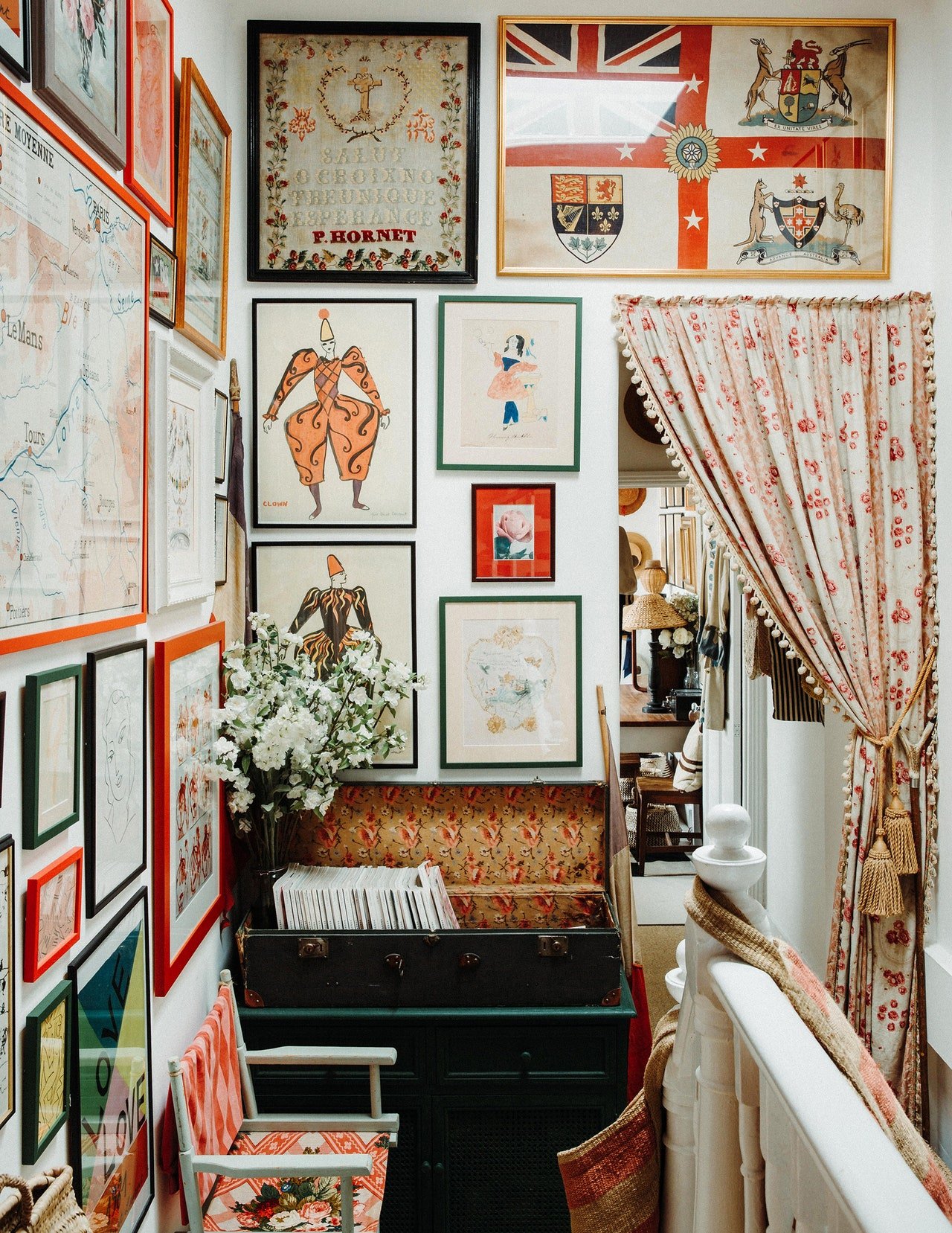    Maximalist, space, small space, doesn’t have to look messy, Designer, creative consultant,&nbsp;Violet Dent, pink, front room, stripes, flowers, petals, frames, gallery wall, big beautiful window, vintage dining table, framed art, lamp shades, kit