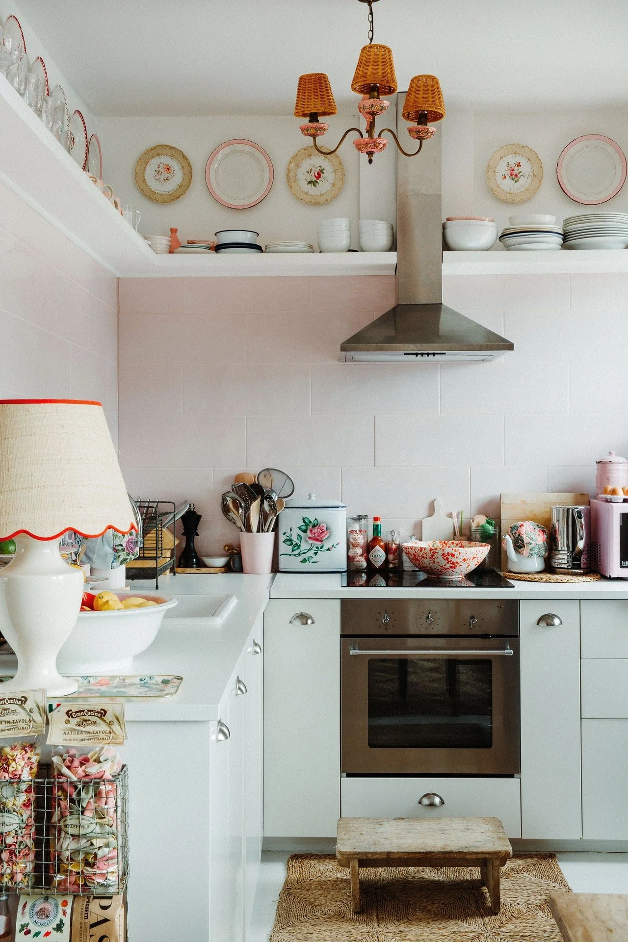    Maximalist, space, small space, doesn’t have to look messy, Designer, creative consultant,&nbsp;Violet Dent, pink, front room, stripes, flowers, petals, frames, gallery wall, big beautiful window, vintage dining table, framed art, lamp shades, kit