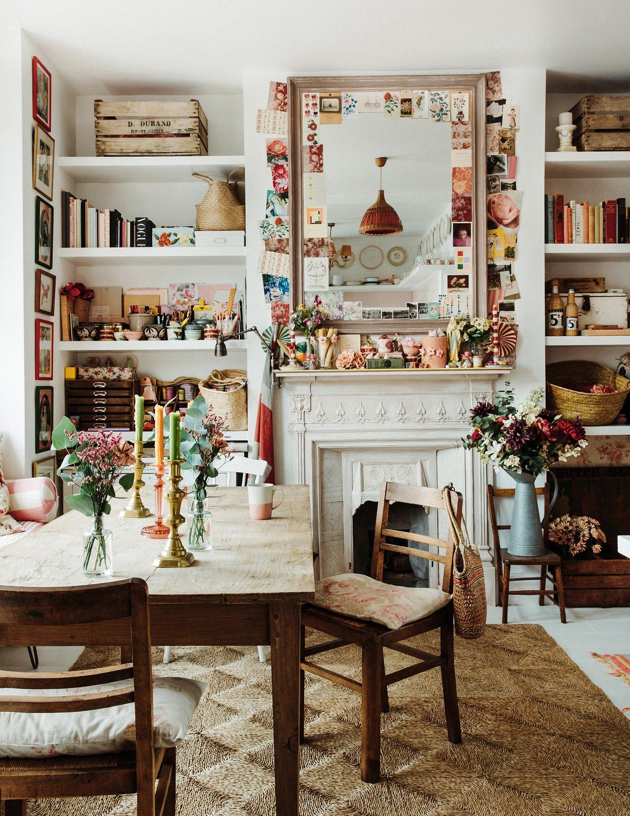    Maximalist, space, small space, doesn’t have to look messy, Designer, creative consultant,&nbsp;Violet Dent, pink, front room, stripes, flowers, petals, frames, gallery wall, big beautiful window, vintage dining table, framed art, lamp shades, kit