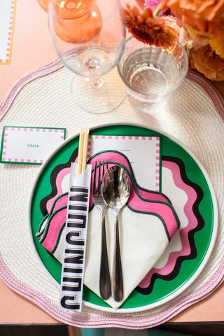    table styling, gold cutlery, gold and pink, champagne coupe, gold crown, table gifts, dinner party ideas, place names, place cards, place mats, placemats, patterned tablecloth, tablecloth, table cloth, plates, colourful plates, patterned plate, ch