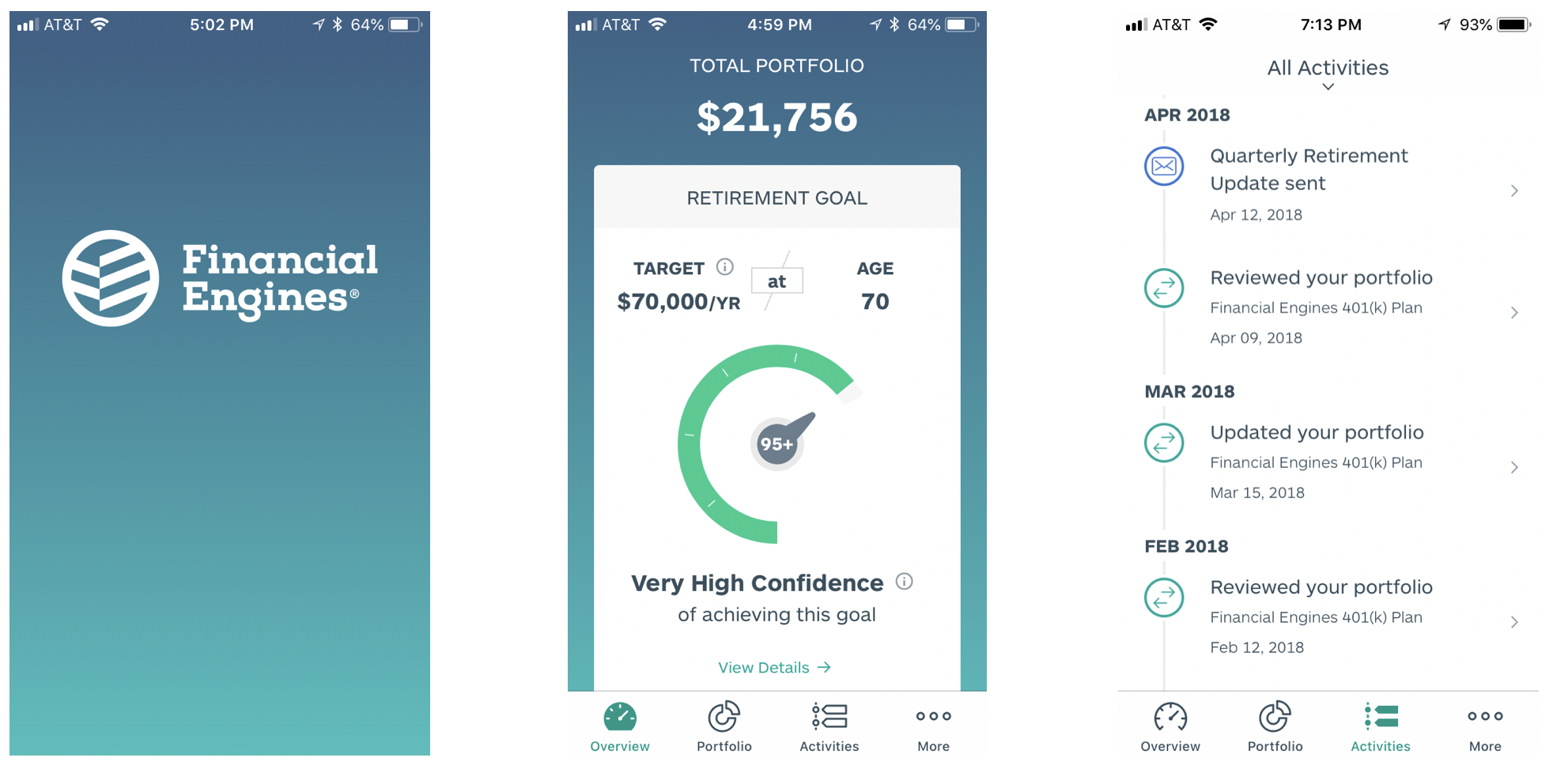 Fin Engines app: loading, overview, and activities screen