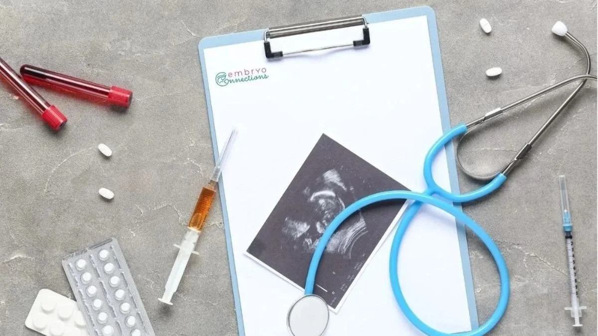 Fertility clinic lab supplies and an ultrasound image on a work surface