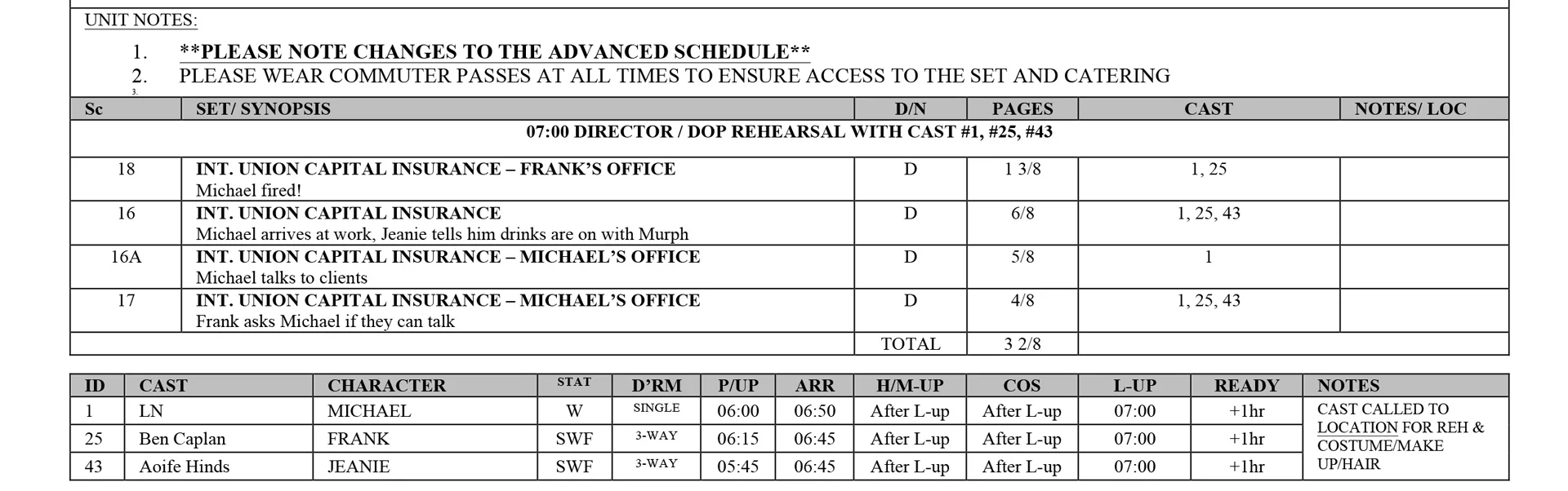 Excerpt of the Call sheet with Cinefade scene 18