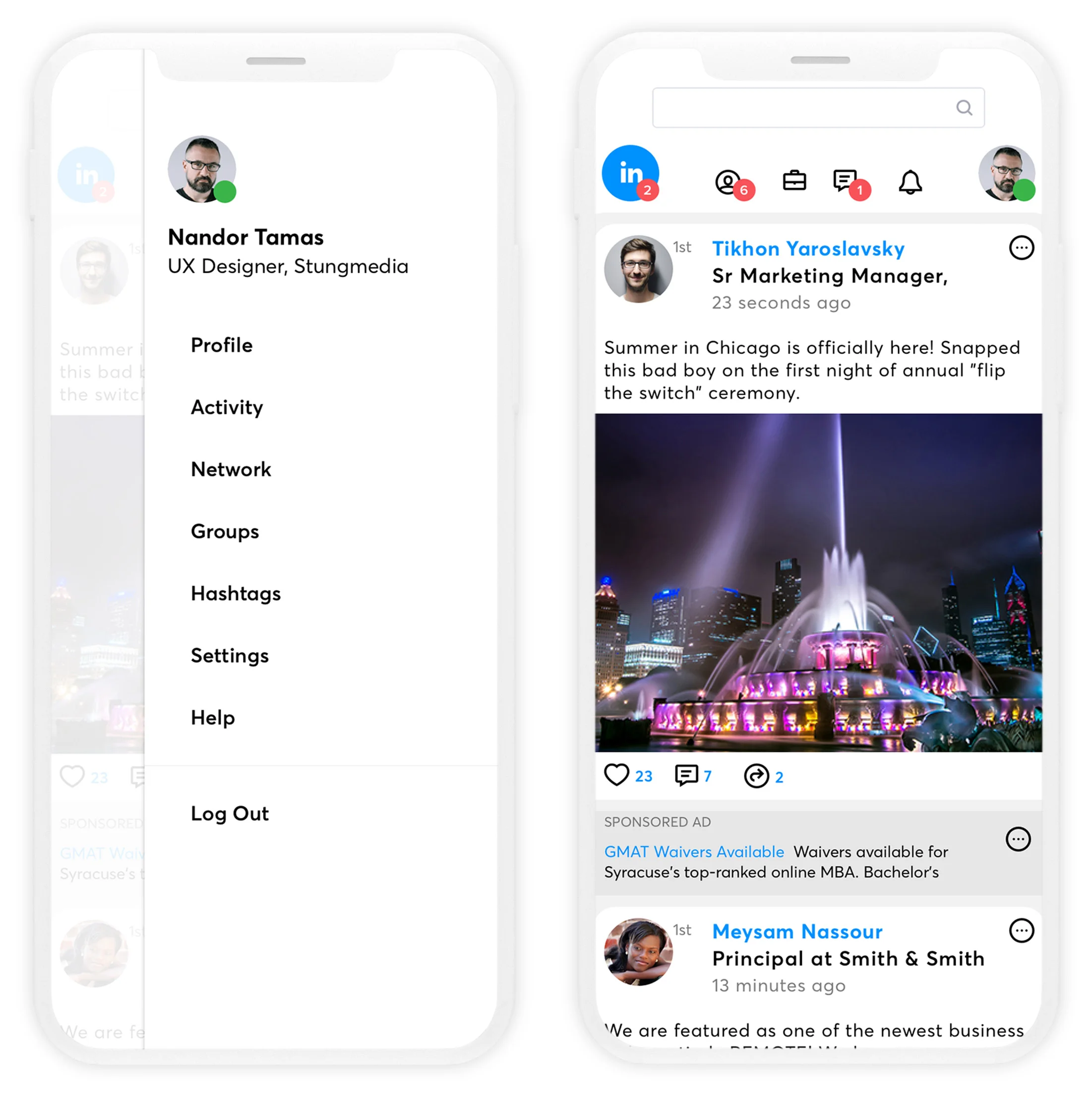 Mobile mock shows tapping the profile icon would animate the menu out, along with the icon.