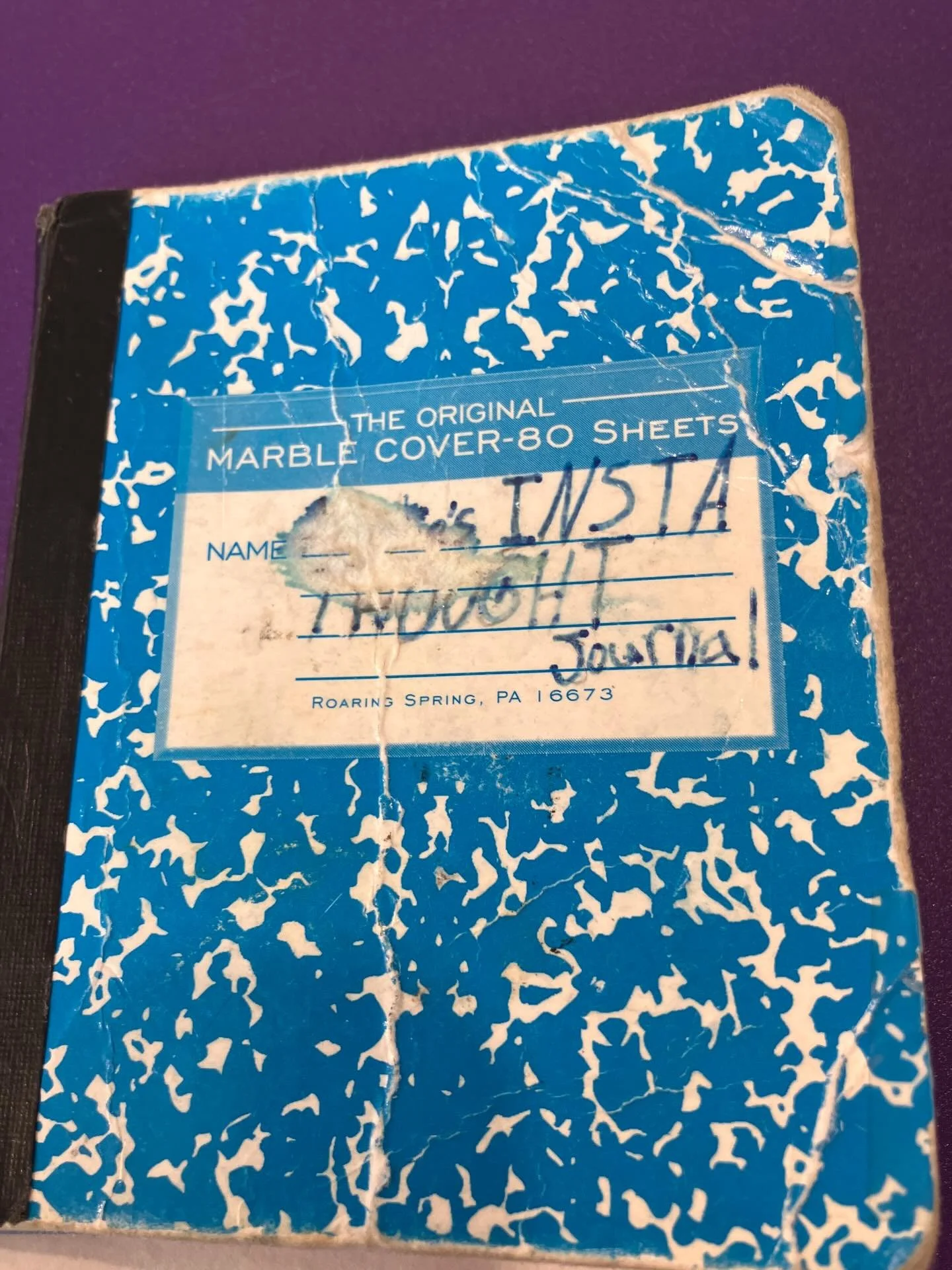Years ago, when @eliza.g.black was LITTLE, she gifted me this tiny, 80 pg Instant Recording Device. Here it is, near the end of its life, waterlogged and all chewed it up, and I&rsquo;m still grabbing it from my bag at the tire place to scrawl the la