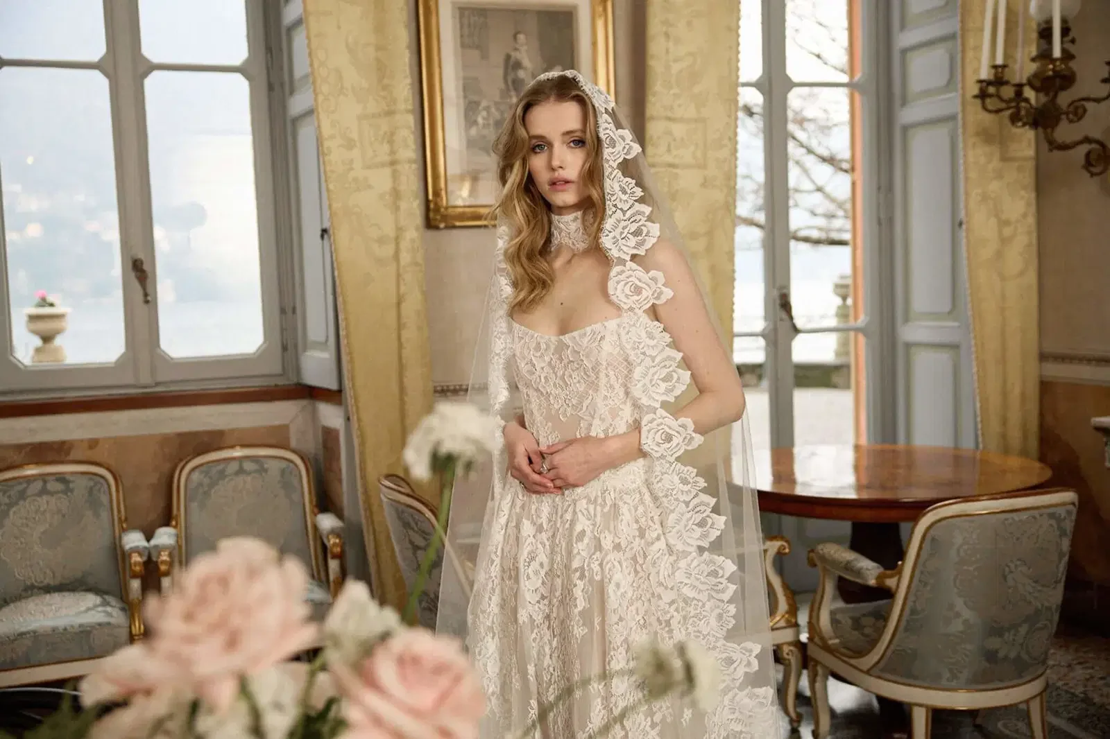 Bella basque waist lace strapless dress with matching veil