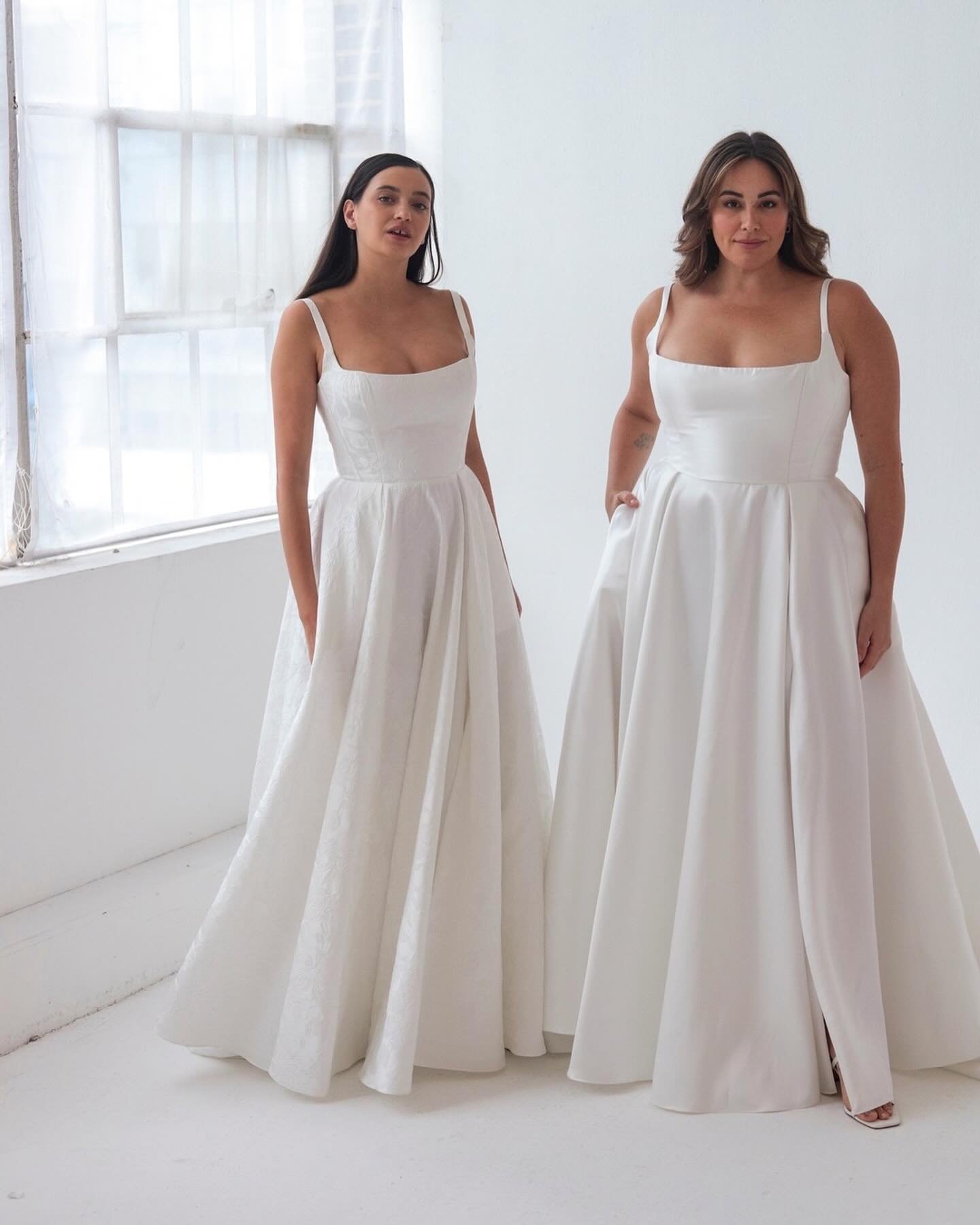 SQUARE DUO // meet Betty and Macy, our latest arrivals from designer @rebeccaschoneveld_bridal 😚gorgeously light square neck bodice featuring full A-line skirts 💫 Betty is in a floral jacquard and a Macy in in a plain mikado. Choose between split o