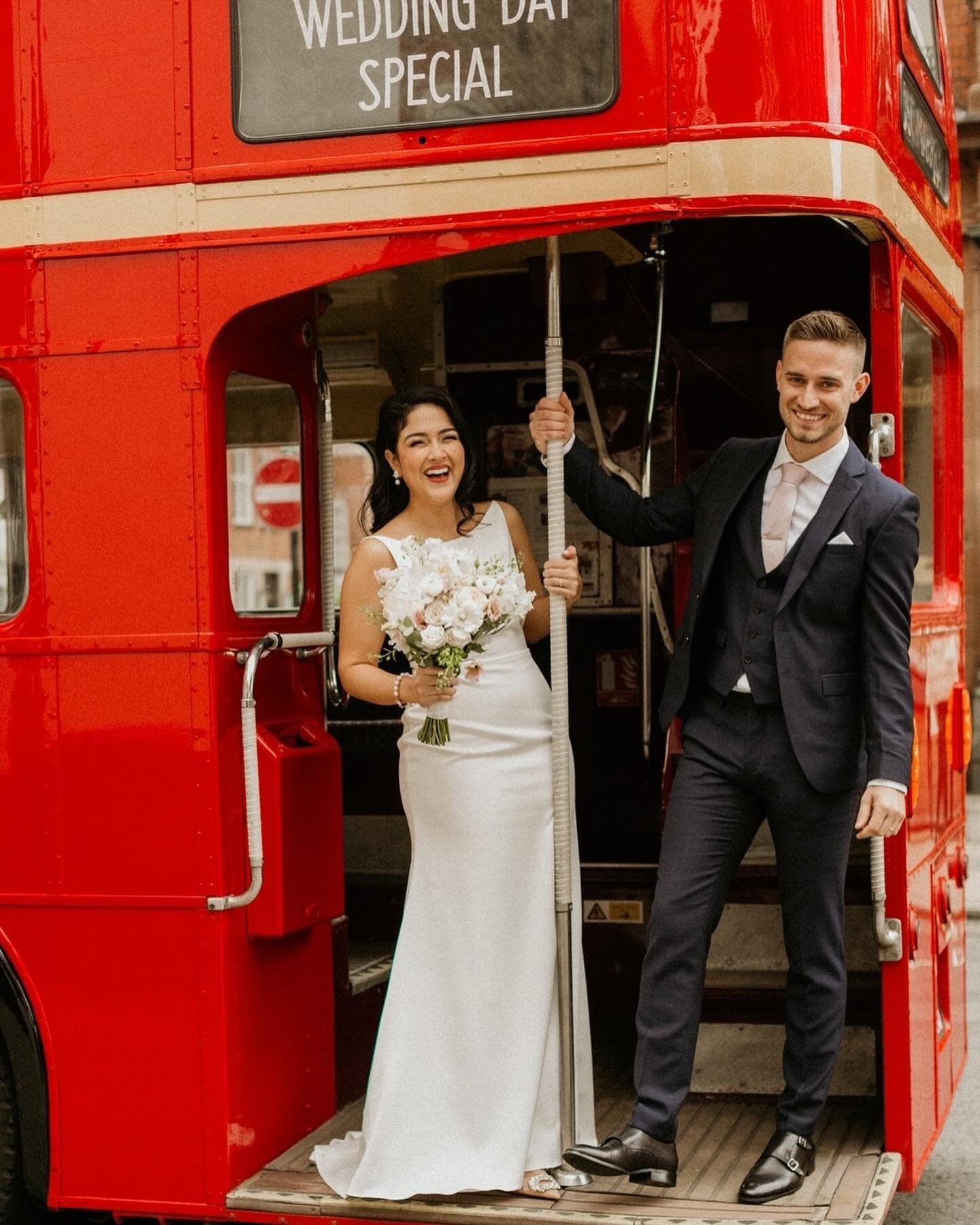 MELISSA // we love seeing a London wedding, and this red bus might just be a giveaway! This was Melissa&rsquo;s first part of her wedding before second celebrations in the Caribbean! ☀️ wearing &lsquo;Dawn&rsquo; by @scoutbridal a beautiful fit for r