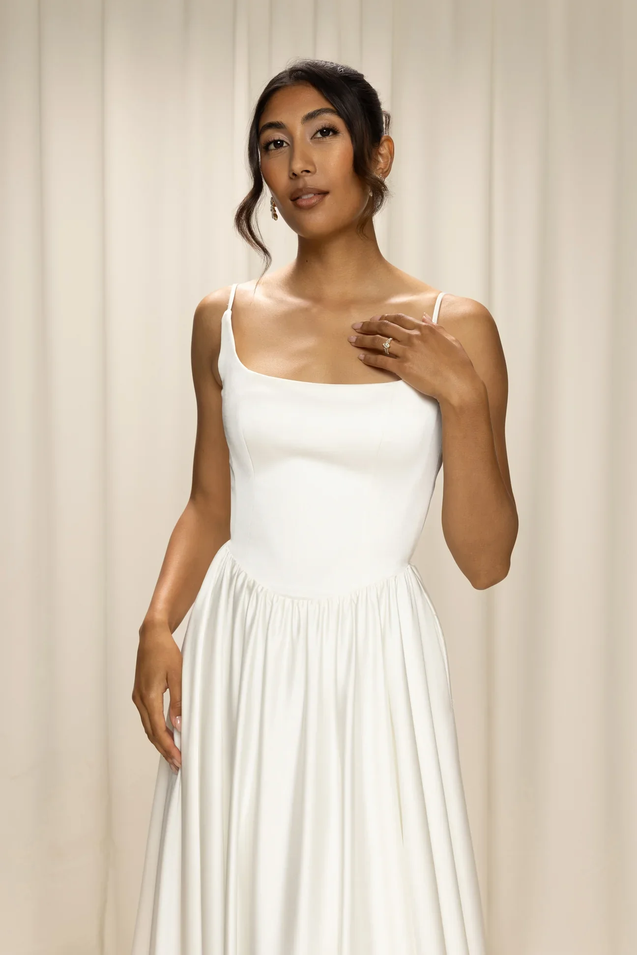 Amelie in liquid satin with a Basque waist