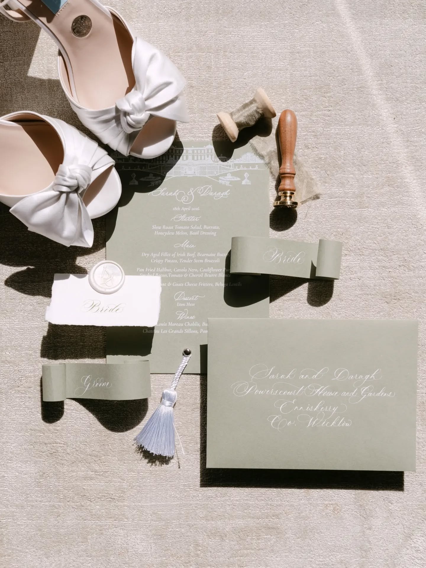 BLUE &amp; GREEN // #heartaflutterbride @sarahmart1n wedding was a stylish affair, marrying soft tones of pale blue+ sage and forest green - carried through lush finishes and luxe fabrics. Even the weather and scenery matched. ⁠
⁠
Sarah wears a custo