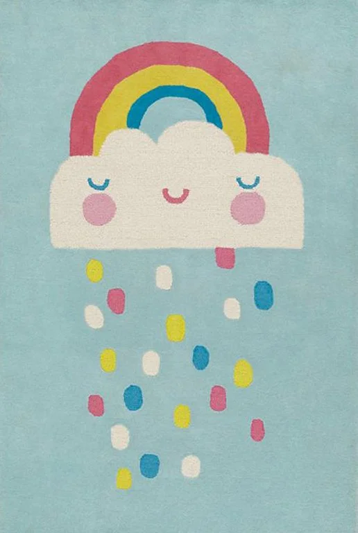 A cute cartoon cloud with a rainbow and falling colorful dots on a light blue background.