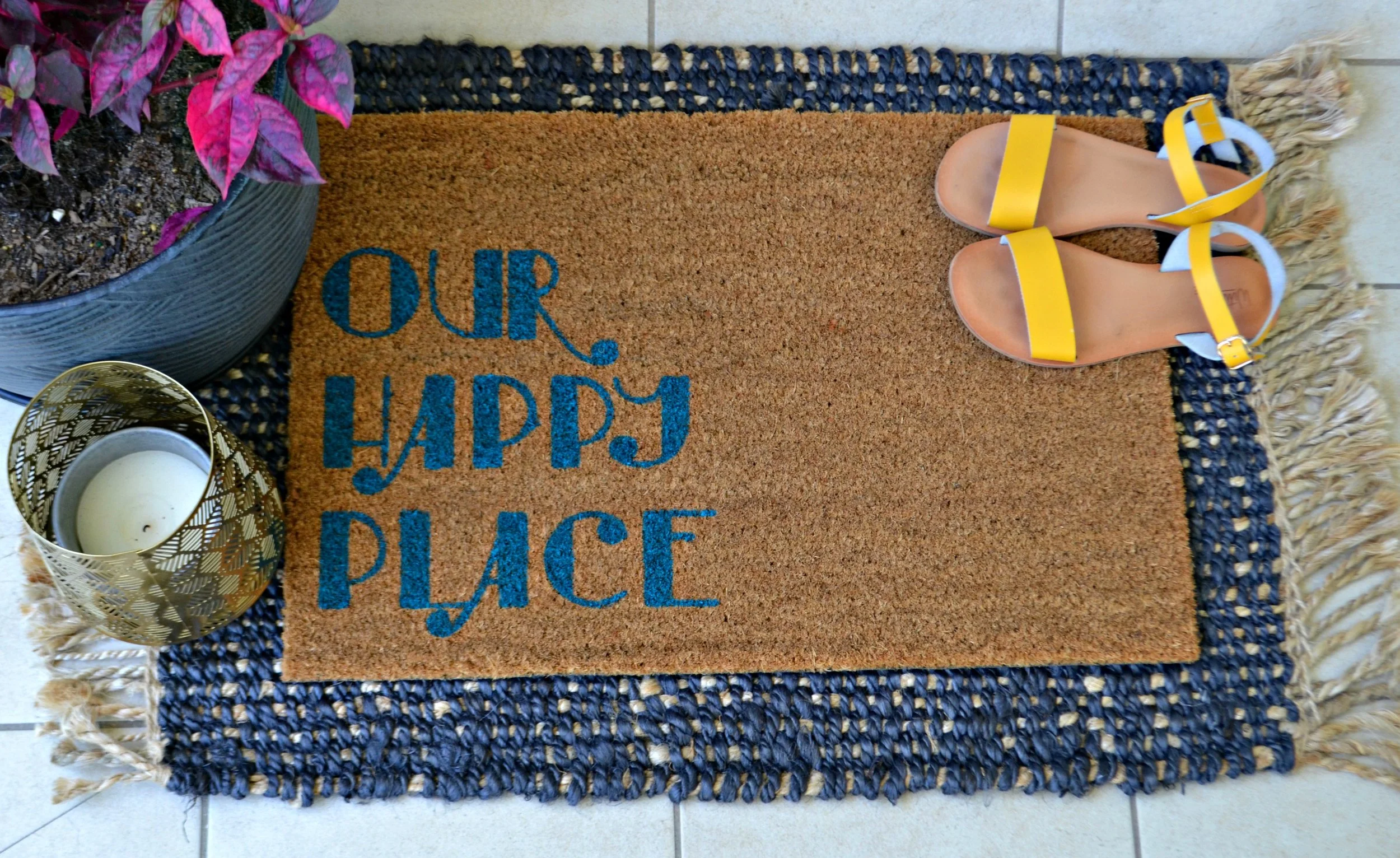 Personalised Door Mat Our Happy Place Teal.jpeg