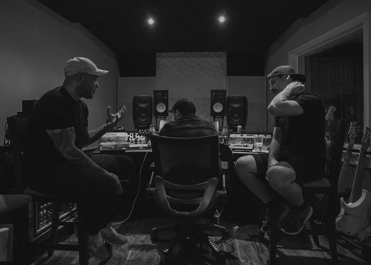 Howard Jones, Jared Dines, and Hiram Hernandez in a recording studio in Bothell, Wa.