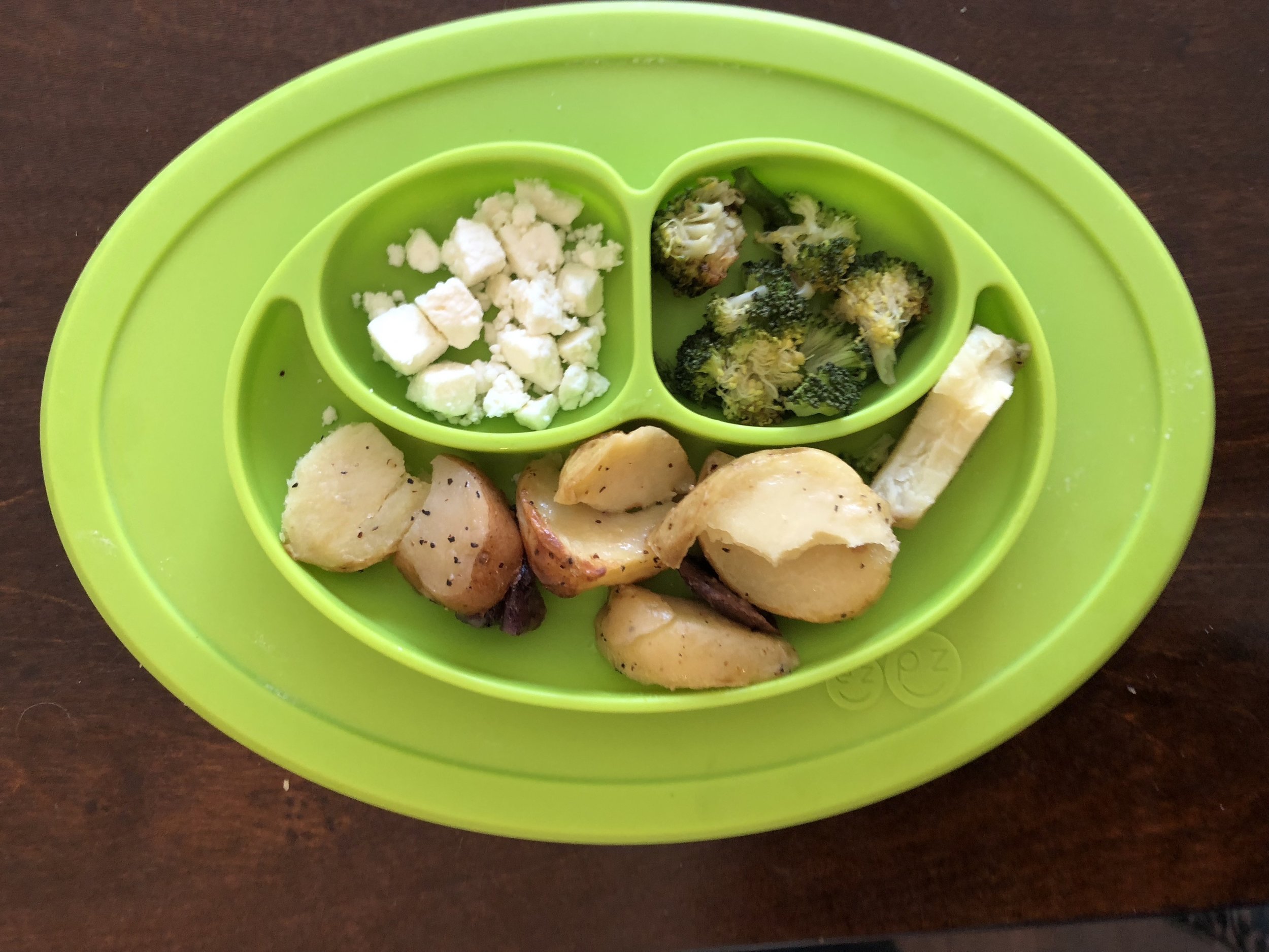 brussel sprouts and broccoli, feta cheese and potatoes