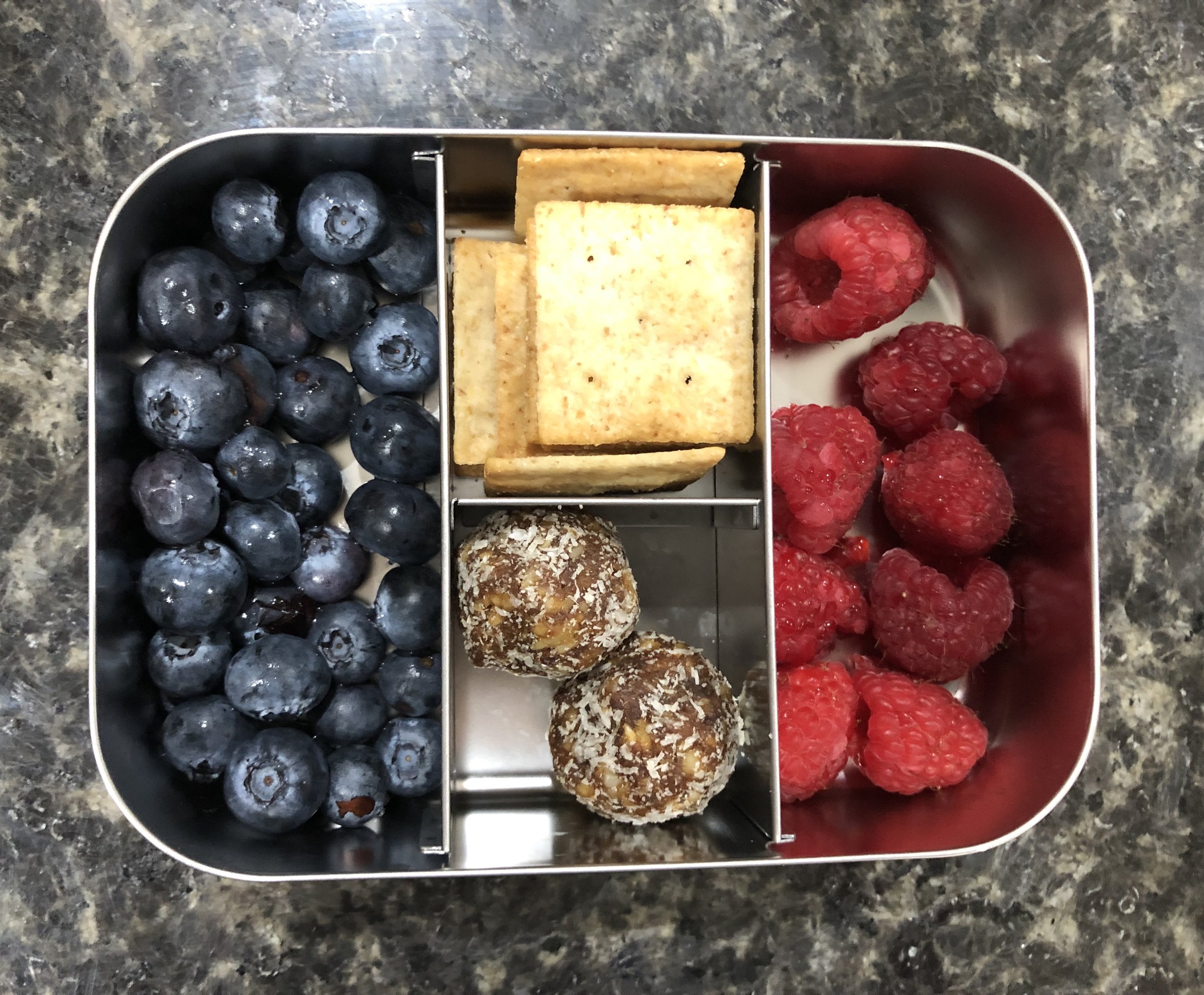 blueberries, paleo crackers, mango bites, raspberries