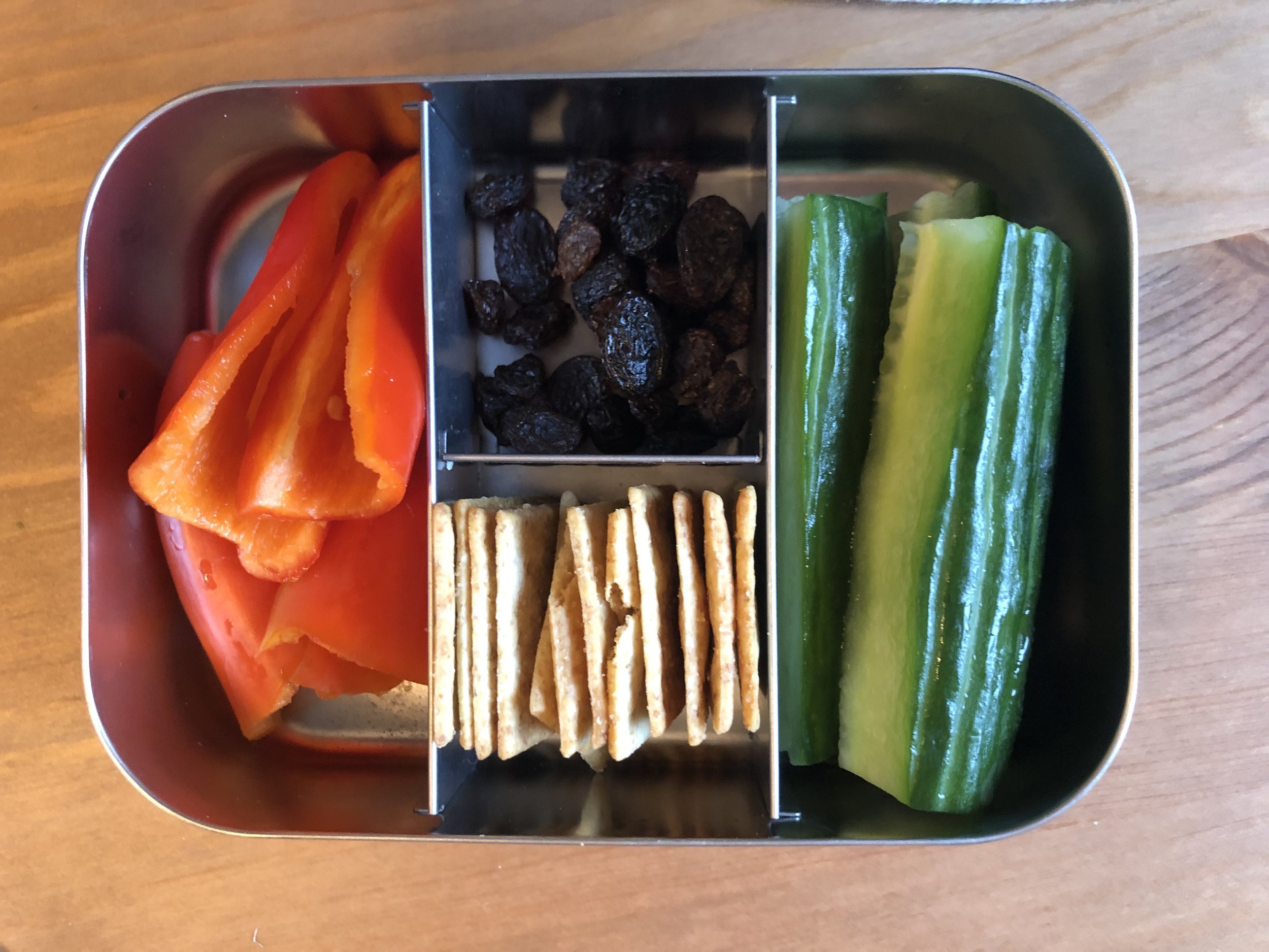 peppers, cucumbers, paleo crackers, raisins 