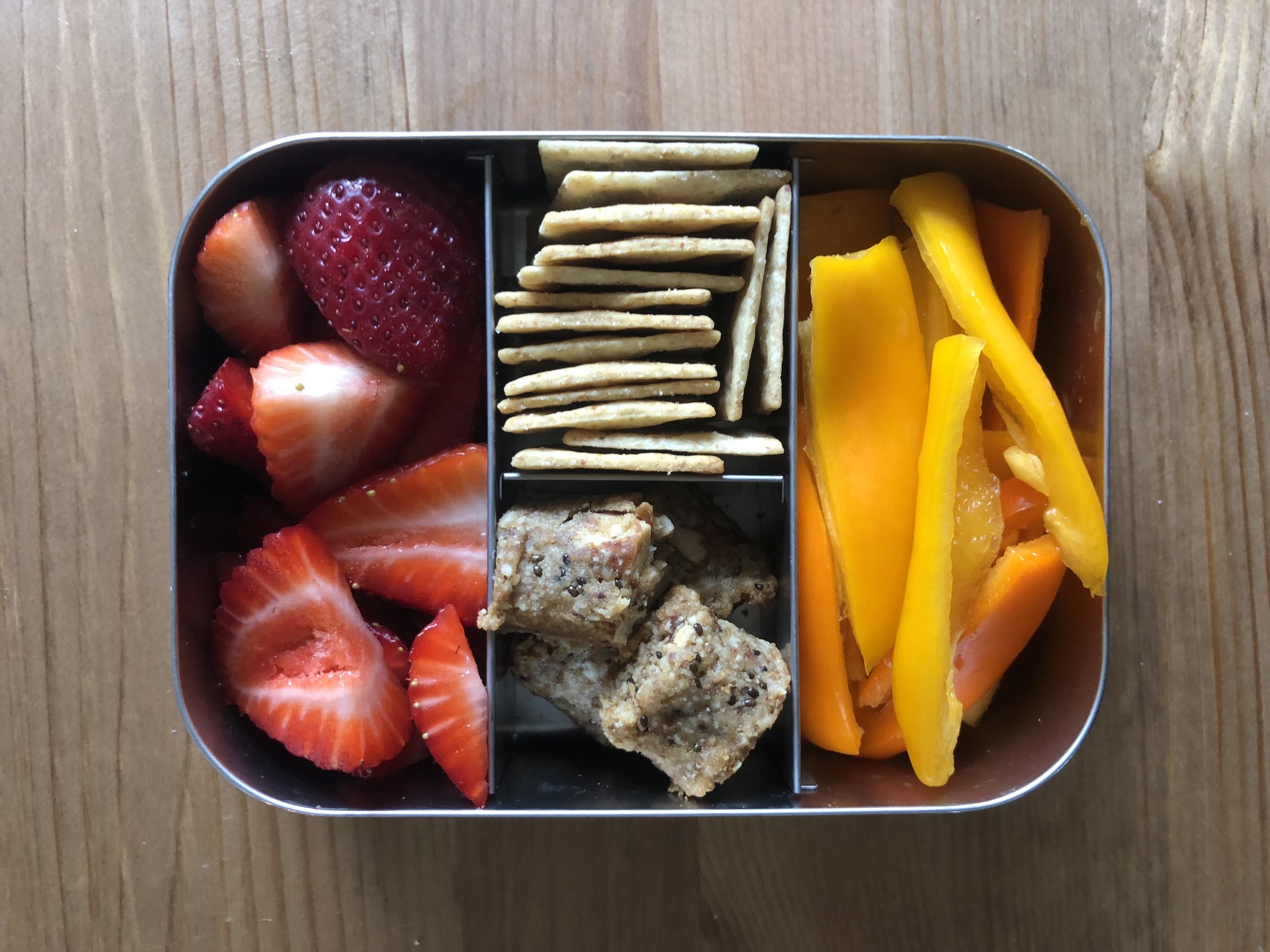 paleo bites, strawberries, crackers, peppers