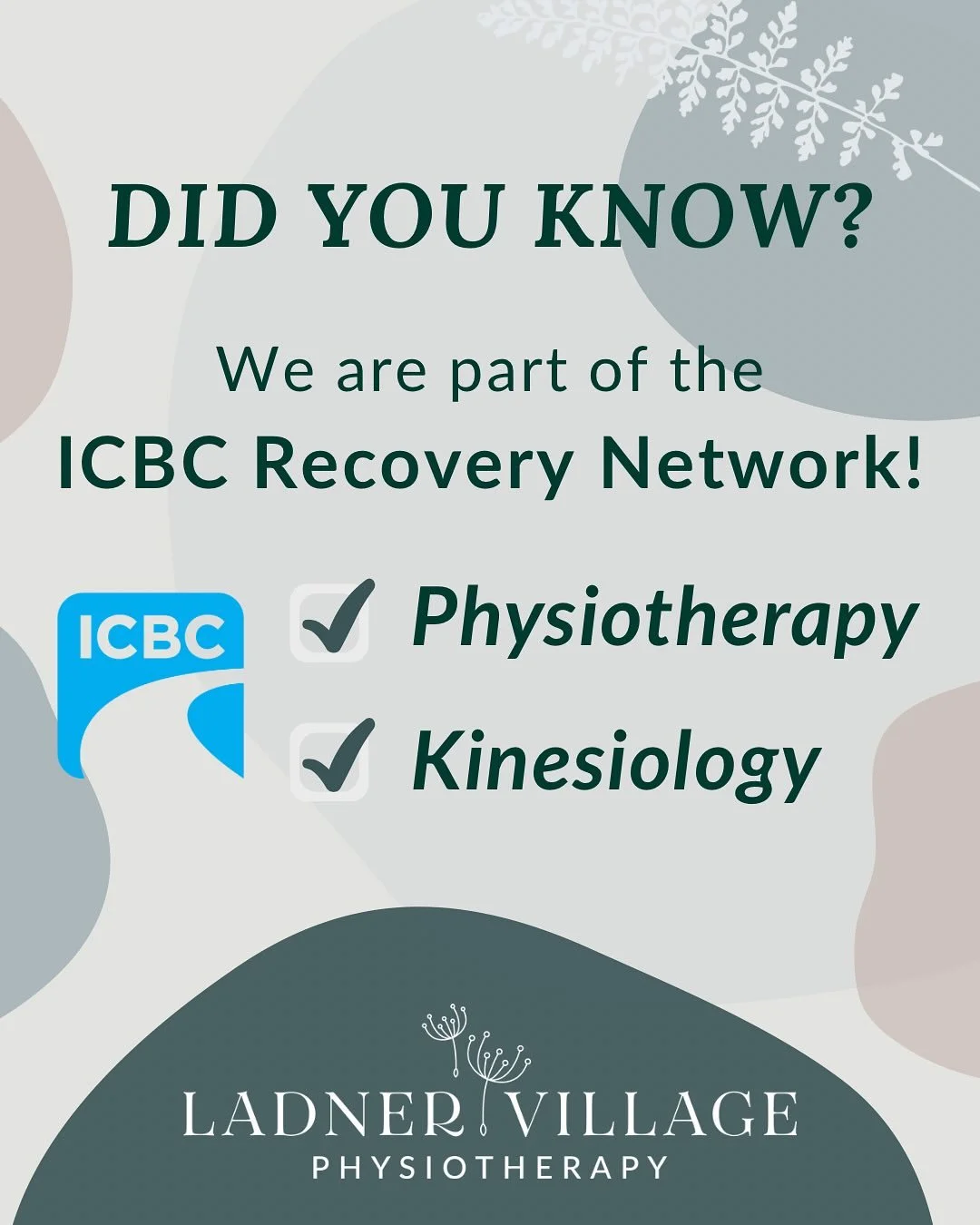 Did you know we are an approved member of the ICBC Recovery Network? We have physiotherapists and kinesiologists ready and willing to help you on your road to recovery!

Within 12 weeks of your crash, ICBC provides coverage without needing pre-approv