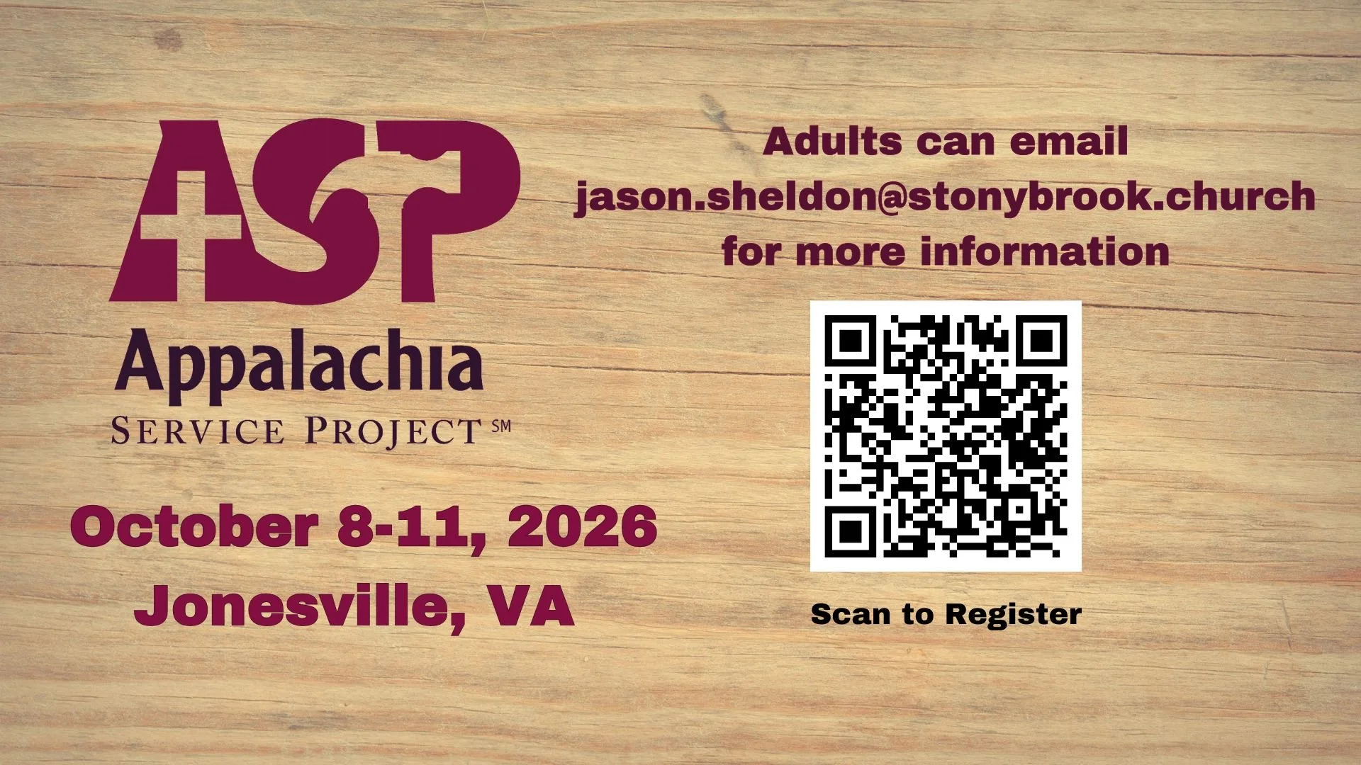 Fall 2026 trip Appalachia Service Projects (ASP) October 8-11, 2026