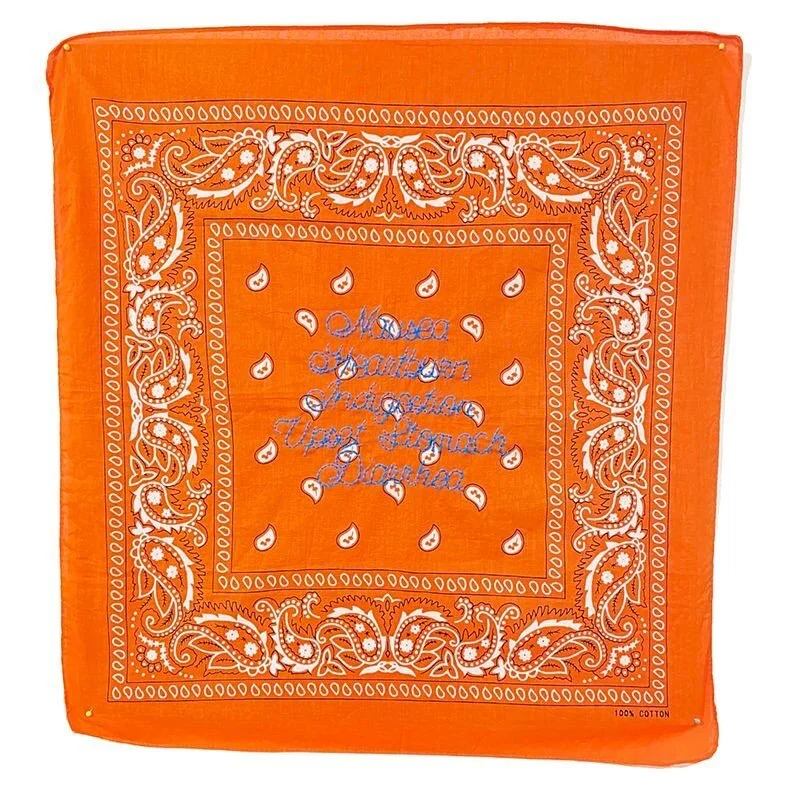 Two hankies from the BARCODE Series. Each hankie has a consumer product slogan hand embroidered on a coloured bandana that correlates with the hankie code. This one is Orange. If you know, you know. You can see the entire series online. The link is i