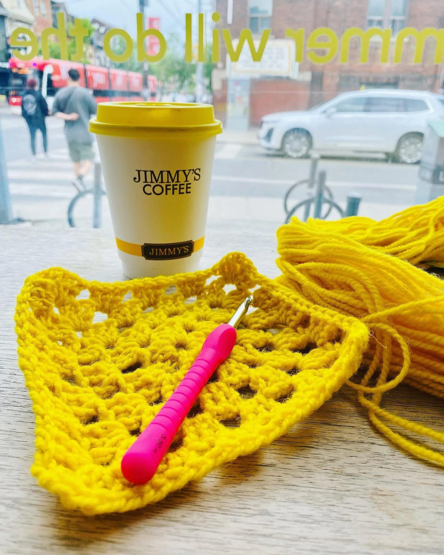 One more square done for &lsquo;SHELTER&rsquo;. This  @briggslittle wool I picked up @romniwools perfectly matches the @jimmys_coffee I got across the street. If you are a crocheter, please see the link in my bio. I need 1800 6x6inch granny squares t