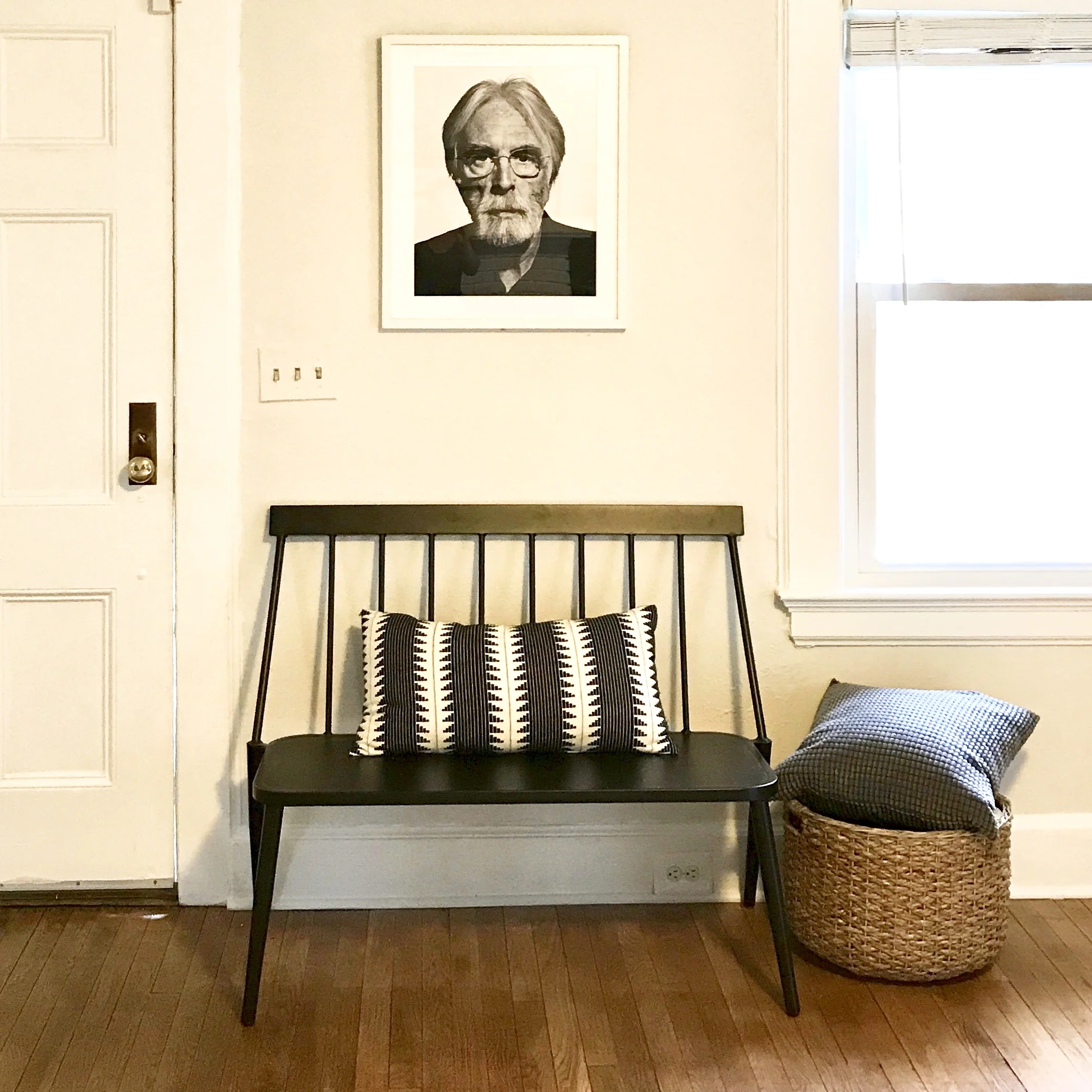 ENTRYWAY DESIGNED FOR SALE BY BEAM&BLOOM INTERIORS. Target bench and pillow. world market basket .