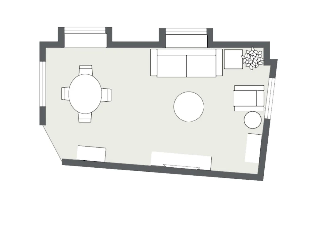 2D Layout for an e-design client in NYC by Noel Gatts at beam&bloom interiors. YES the room was crooked!