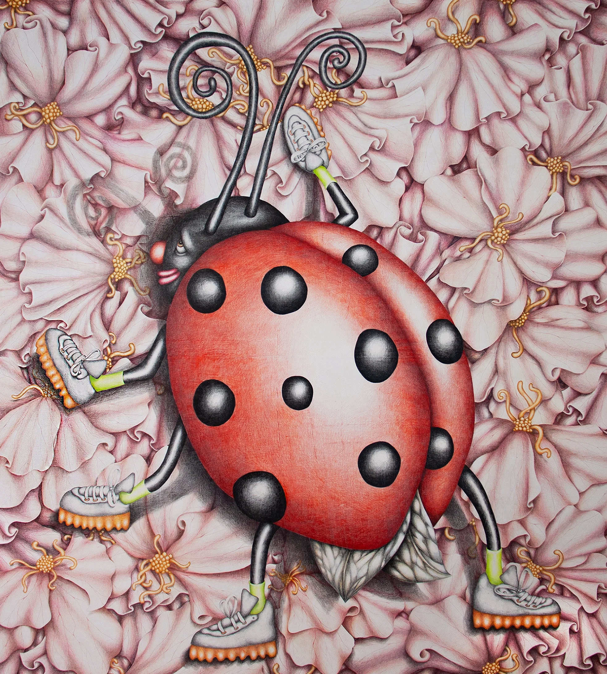Beep the Ladybug Messing Everything Up, 2019, coloured pencil on canvas