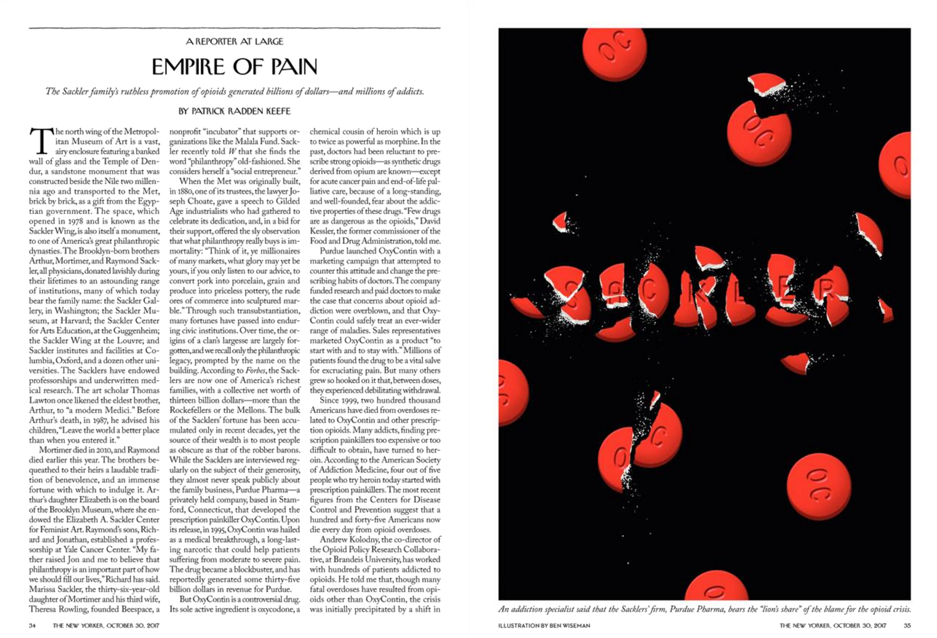 "Empire of Pain," The New Yorker, October 30, 2017