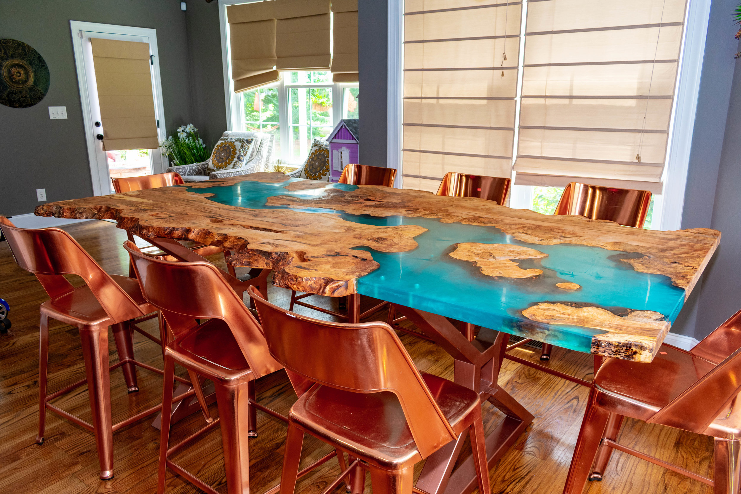 Blue River Table with Copper Colored Metal Legs