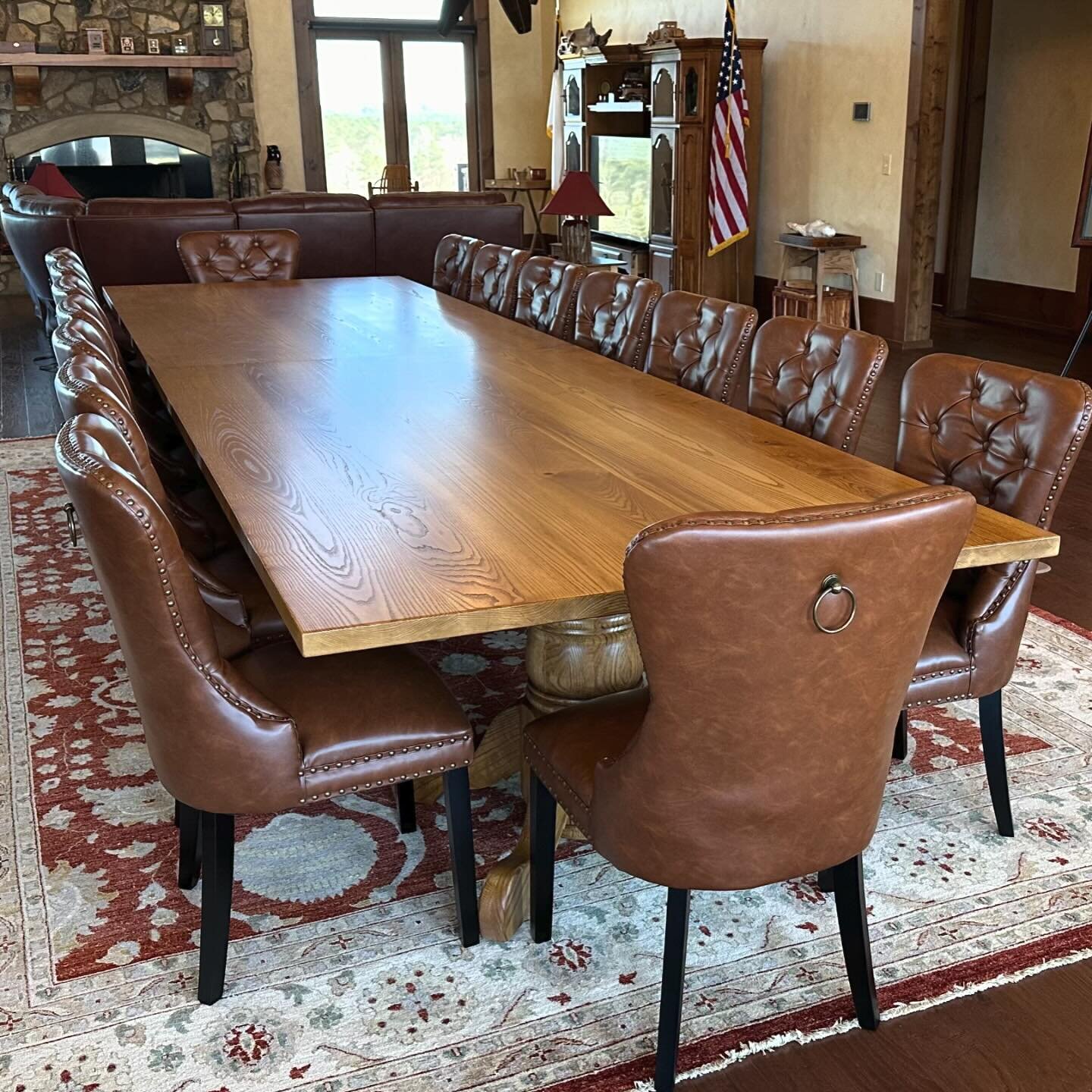 One 16&rsquo; dining table delivered in time for Christmas dinner. Solid ash and red oak stained Minwax Golden Oak. Old school style table for sure but still a fun design to build. 
#diningtable #holidays #christmasdecor #diningrooms
