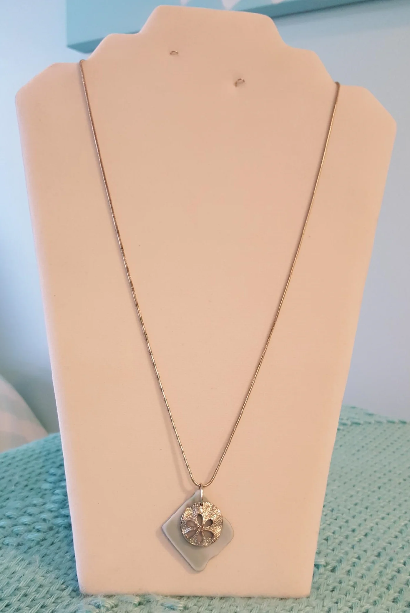 Silver Sand Dollar on "Sea Glass" with 24" Snake Chain 