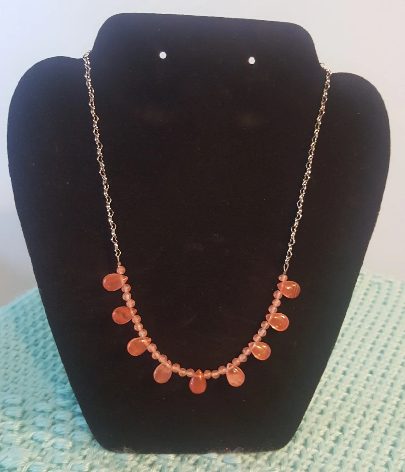 Strawberry Quartz Teardrop Pendant and 4mm Beads w/18" Silver Chain