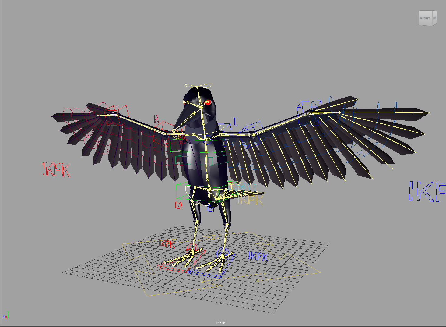  Rog overview in the Maya 2024 viewport. (Not final textures)  The rig features   - IK/FK switches for all limbs and spine.  - A reverse foot and hind leg setup.  - A follicle-based feather setup 