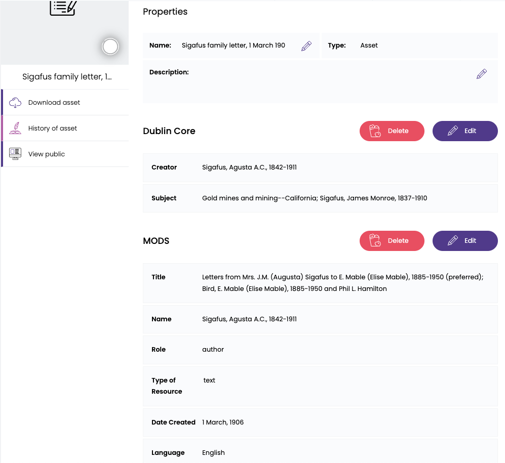 Screenshot of the Preservica Starter admin view: asset metadata overview