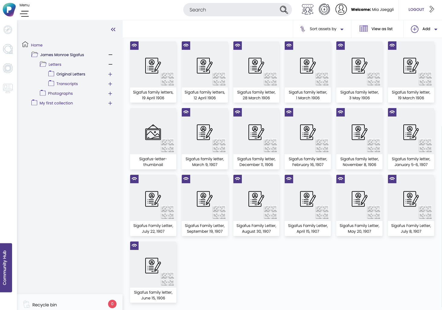 Screenshot of the Preservica Starter admin view: collection thumbnails.