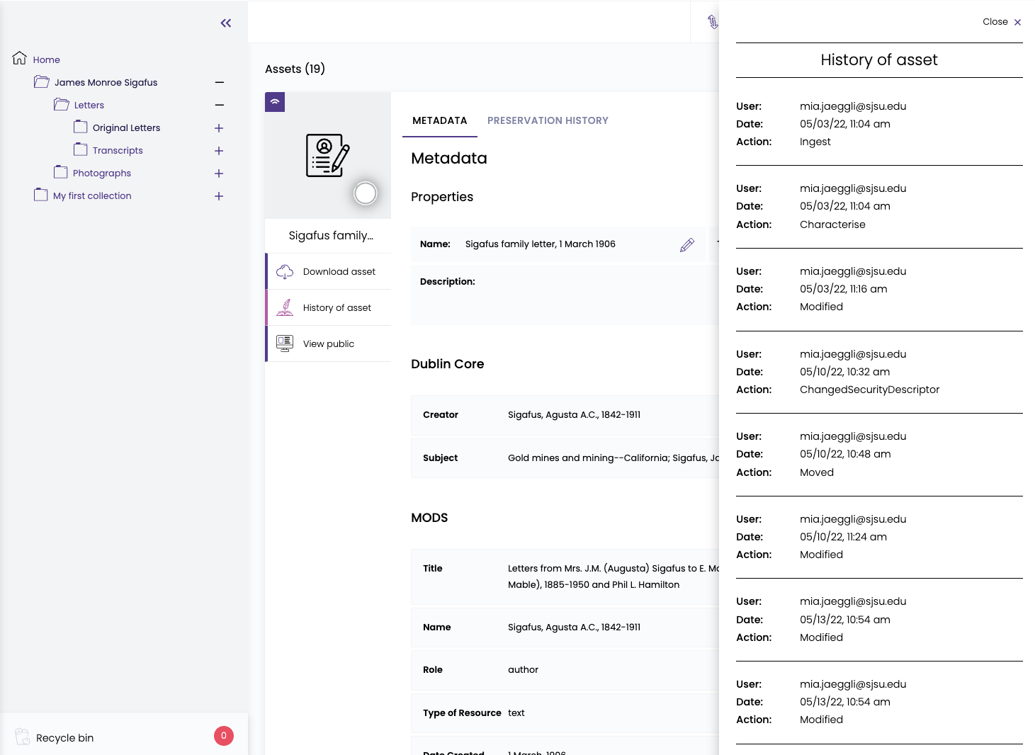 Screenshot from the Preservica Starter admin view: asset history panel.
