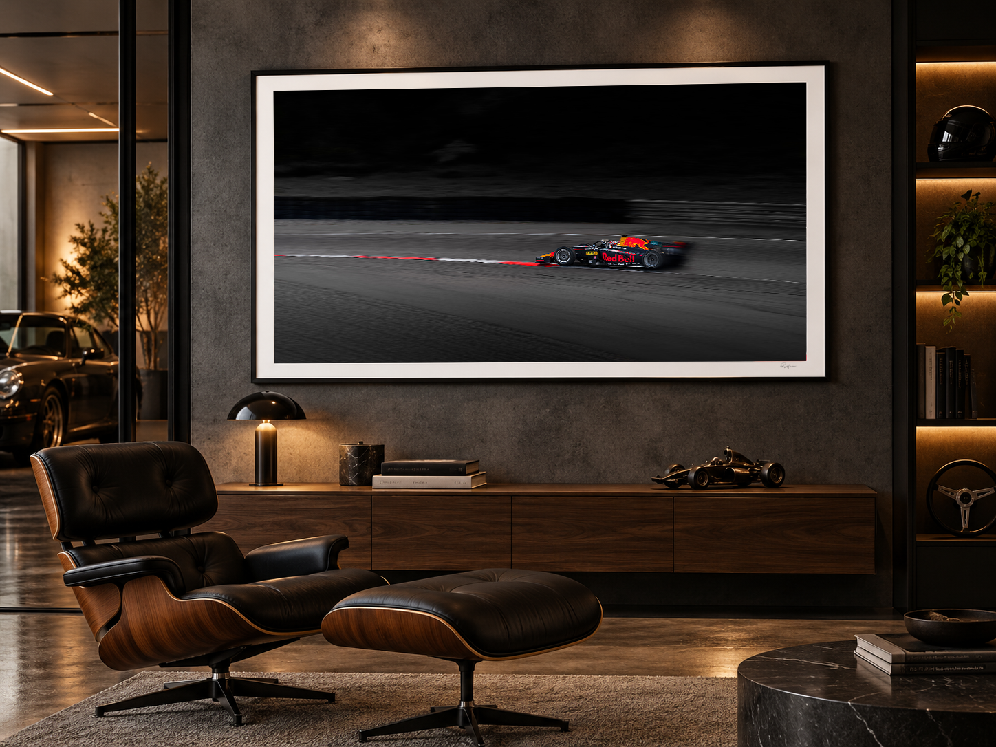Velocity Study VI Formula 2 motorsport fine art print displayed in a contemporary interior