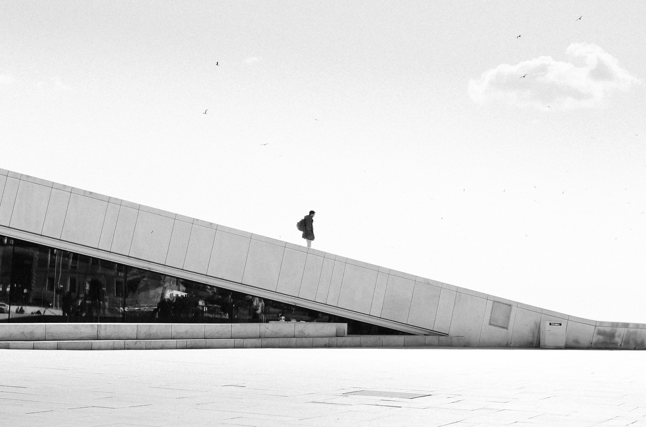 A person with a backpack walking on a modern, angular building rooftop with a cloudy sky and birds flying above.