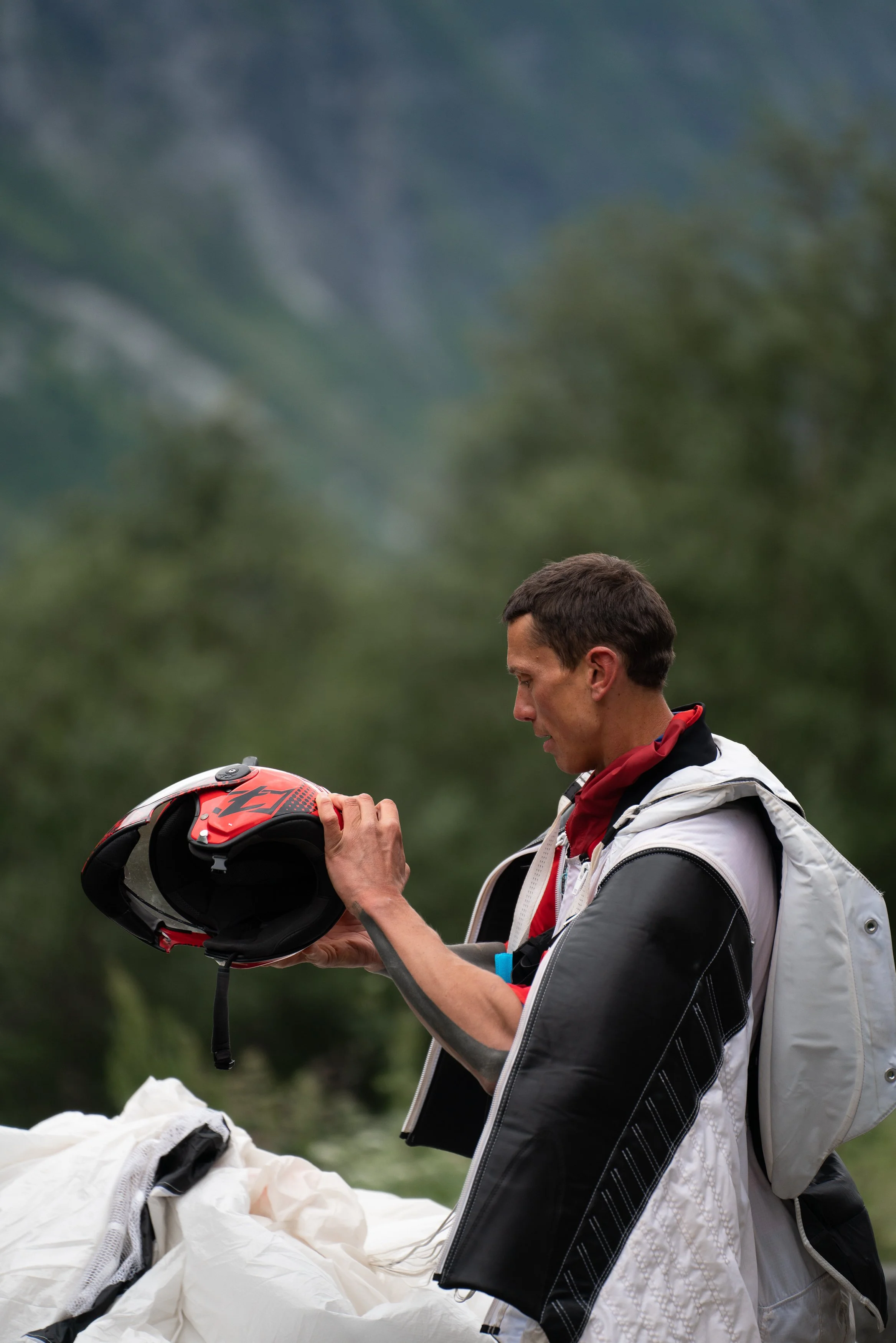 Just landed after wingsuit flight. Extreme sports.