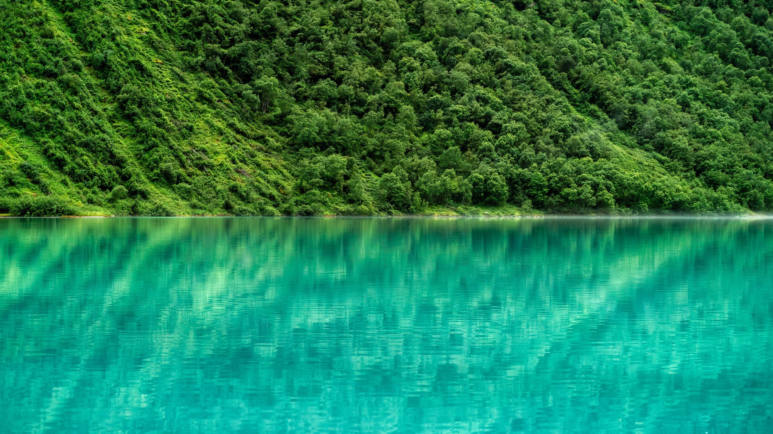 Calm turquoise lake surrounded by lush green forested hills.
