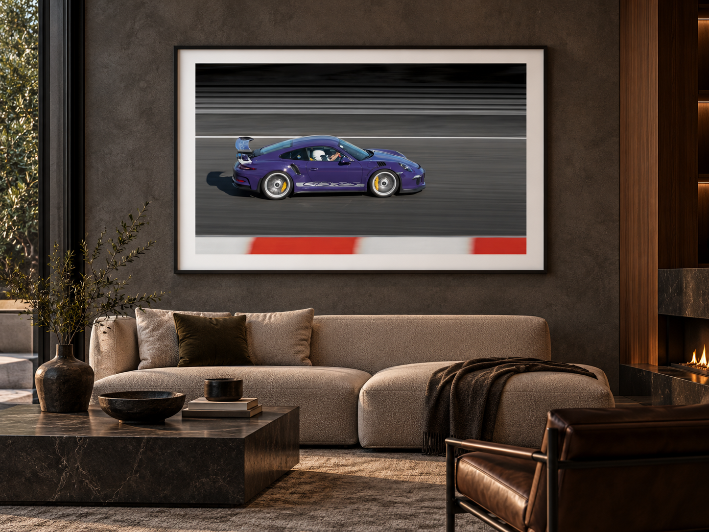 Velocity Study VII Porsche GT3 RS fine art print displayed in a contemporary interior