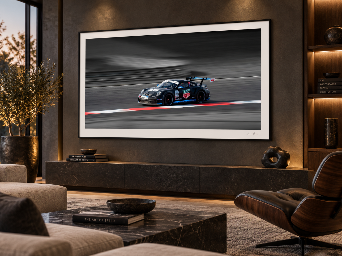 Velocity Study VIII dark Porsche racing fine art print displayed in a contemporary interior
