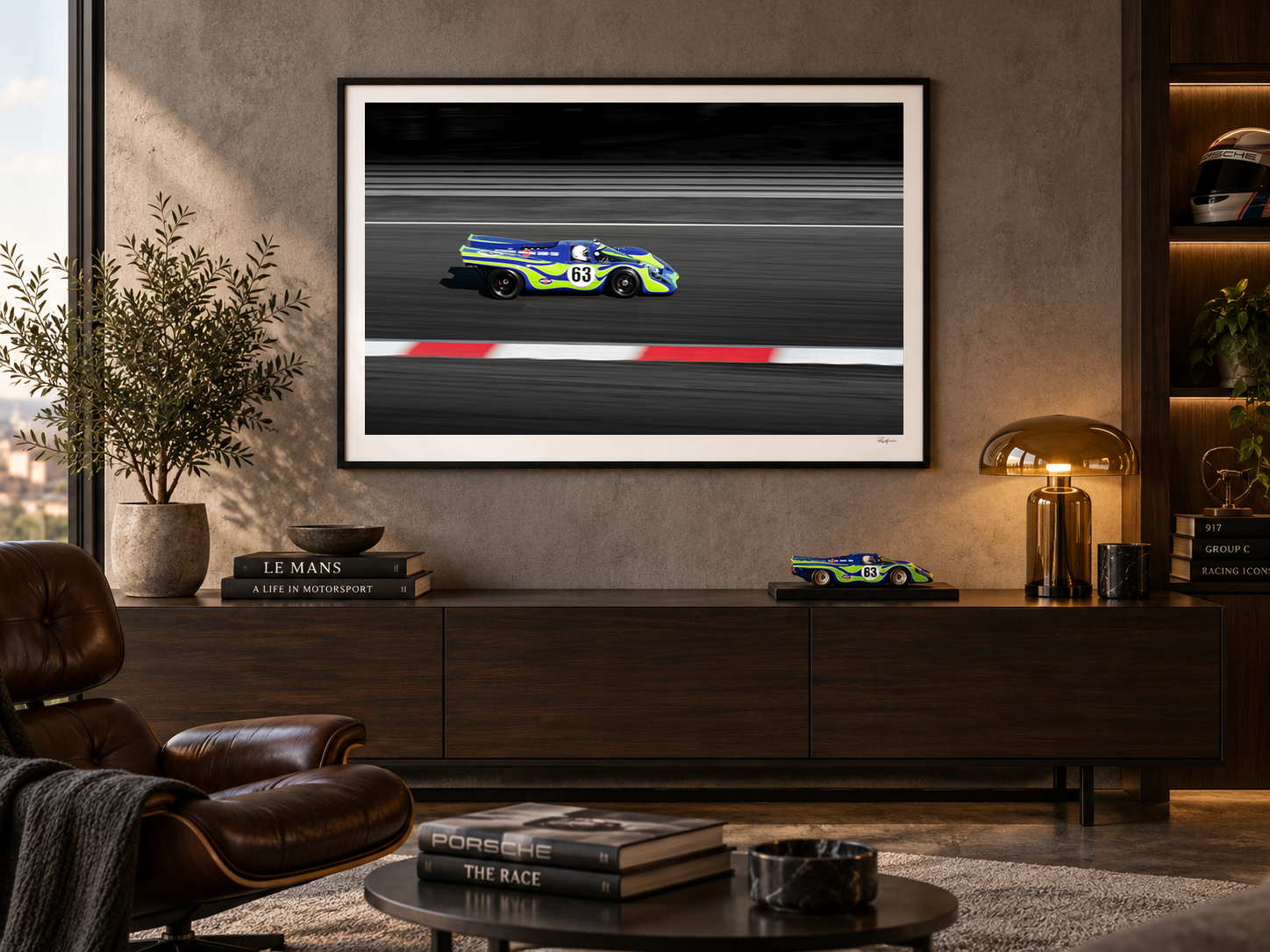Velocity Study XI Porsche 917 fine art print displayed in a contemporary interior