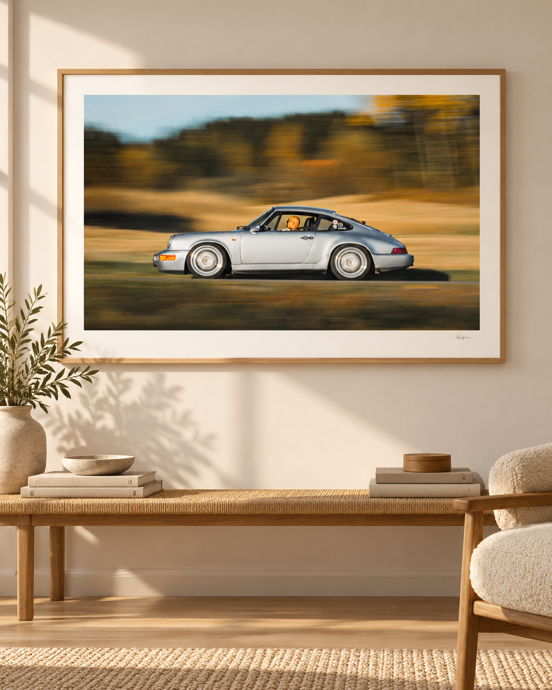 Velocity Study I automotive fine art print displayed in a modern Scandinavian interior