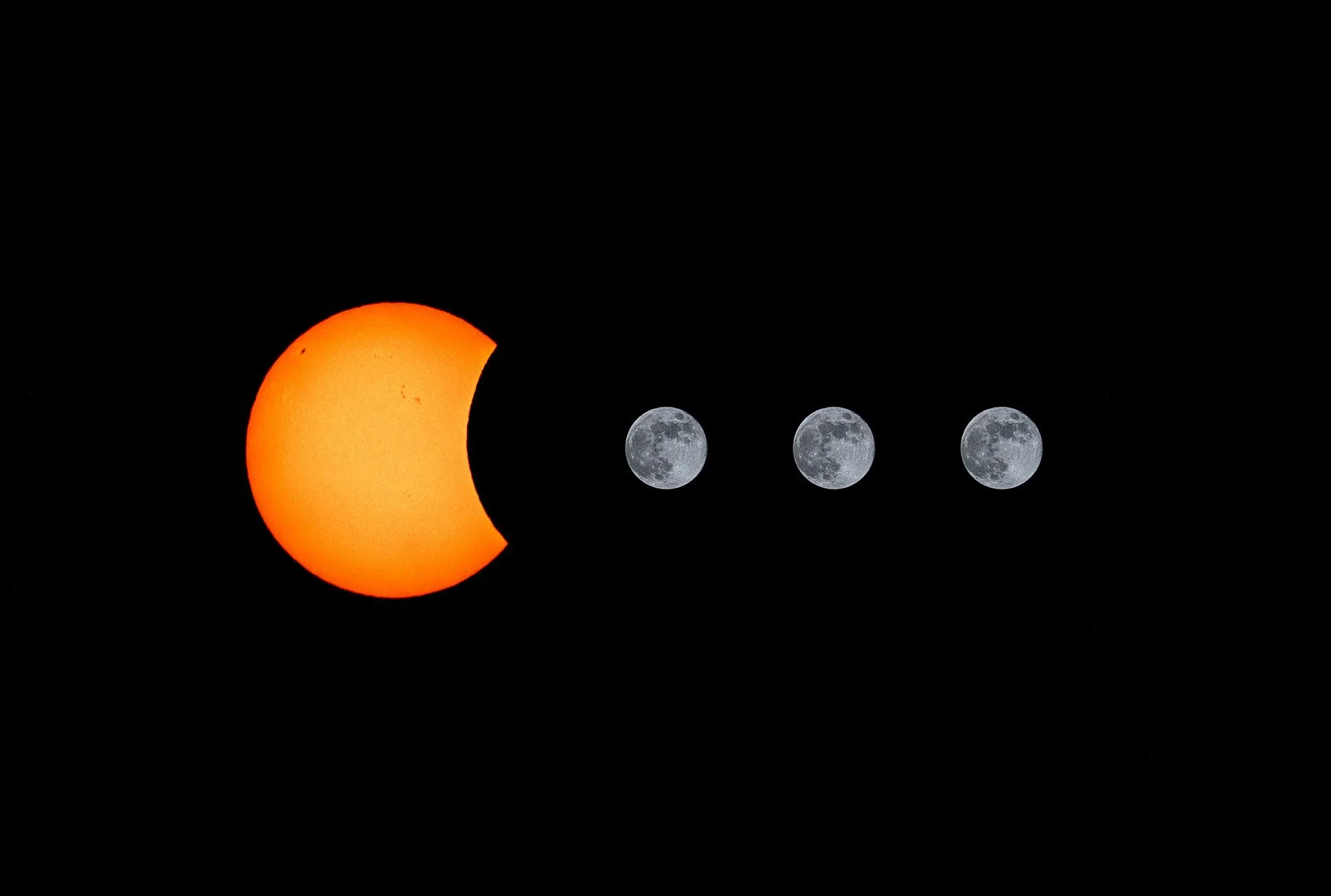 A sequence showing a solar eclipse with the sun partially covered by the moon, followed by three full moons against a black sky.