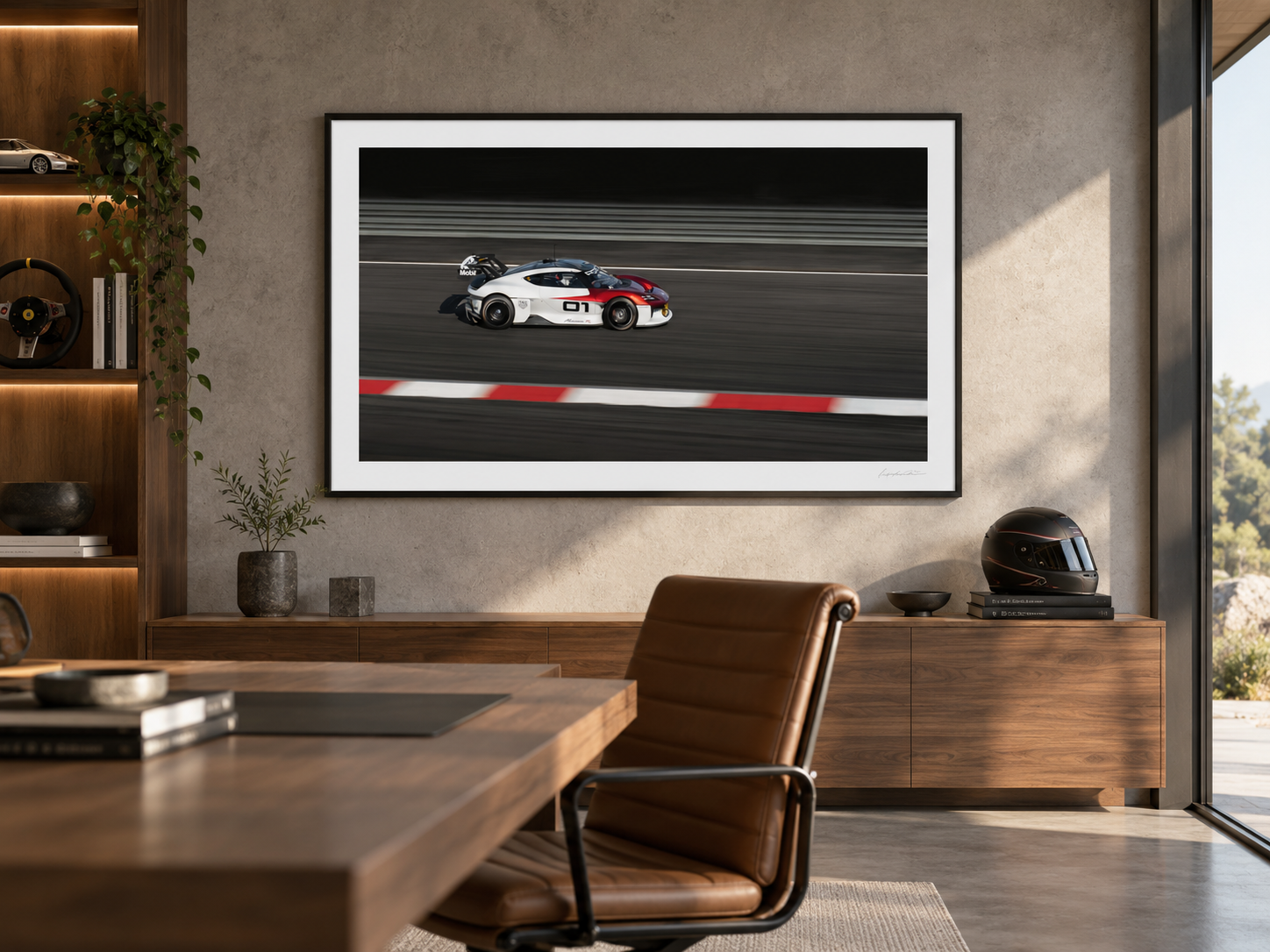 Velocity Study X Porsche Mission R fine art print displayed in a contemporary interior